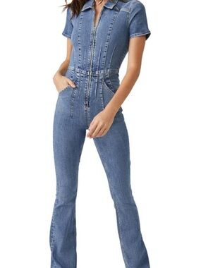 Free People We the Free Blue Denim Zip-Front Jayde Jumpsuit